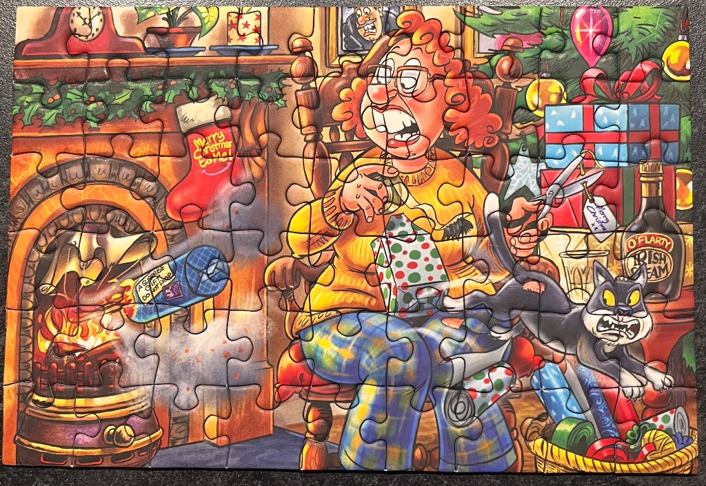 Humorous cartoon of a stressed woman with a cat and Christmas gifts by a fireplace.