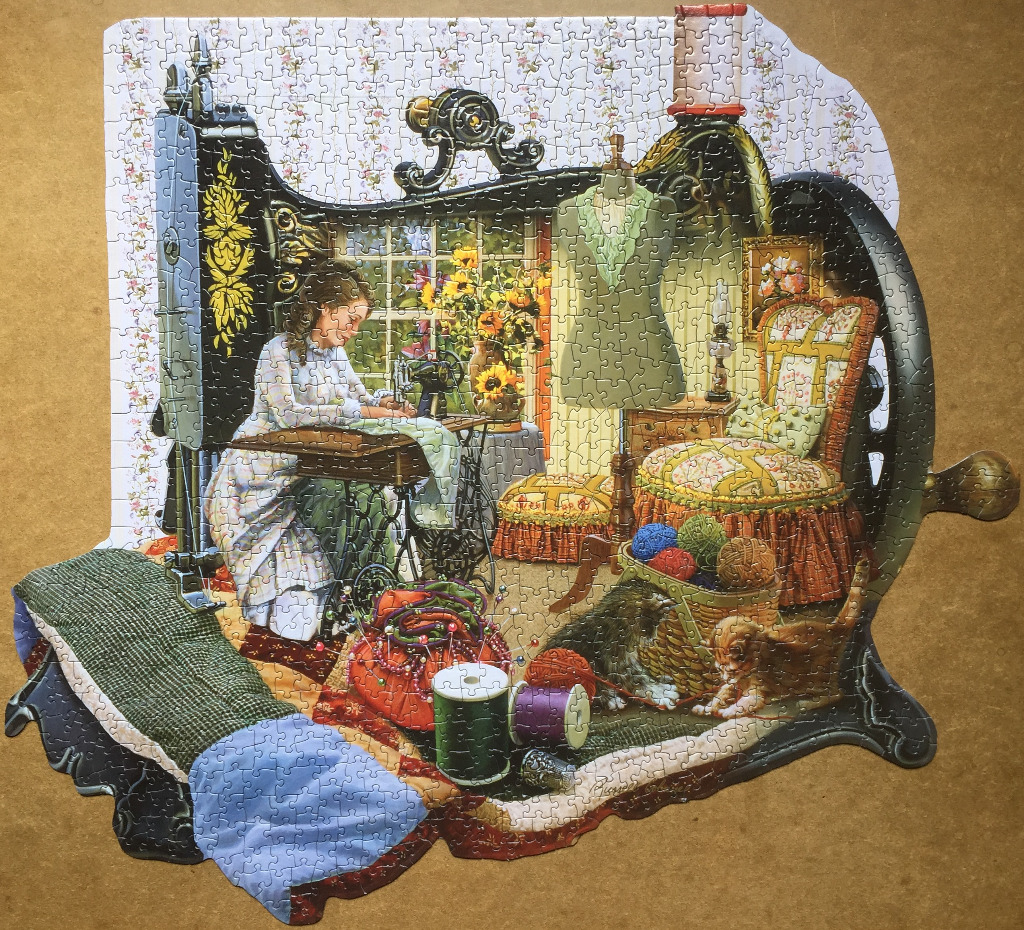 A Victorian woman sewing at a vintage machine inside a whimsical room scene framed by a large antique sewing machine.