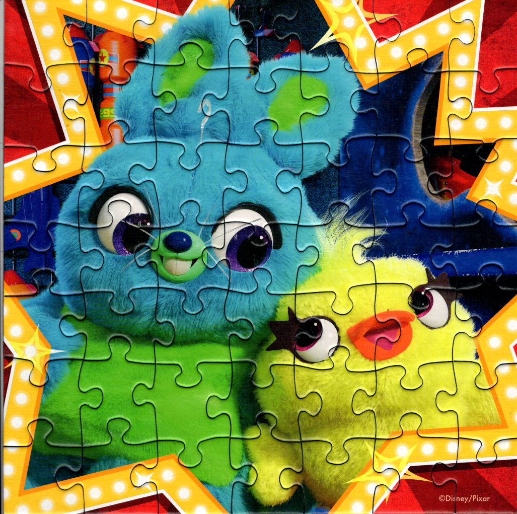 Plush blue bunny and yellow chick characters from Toy Story