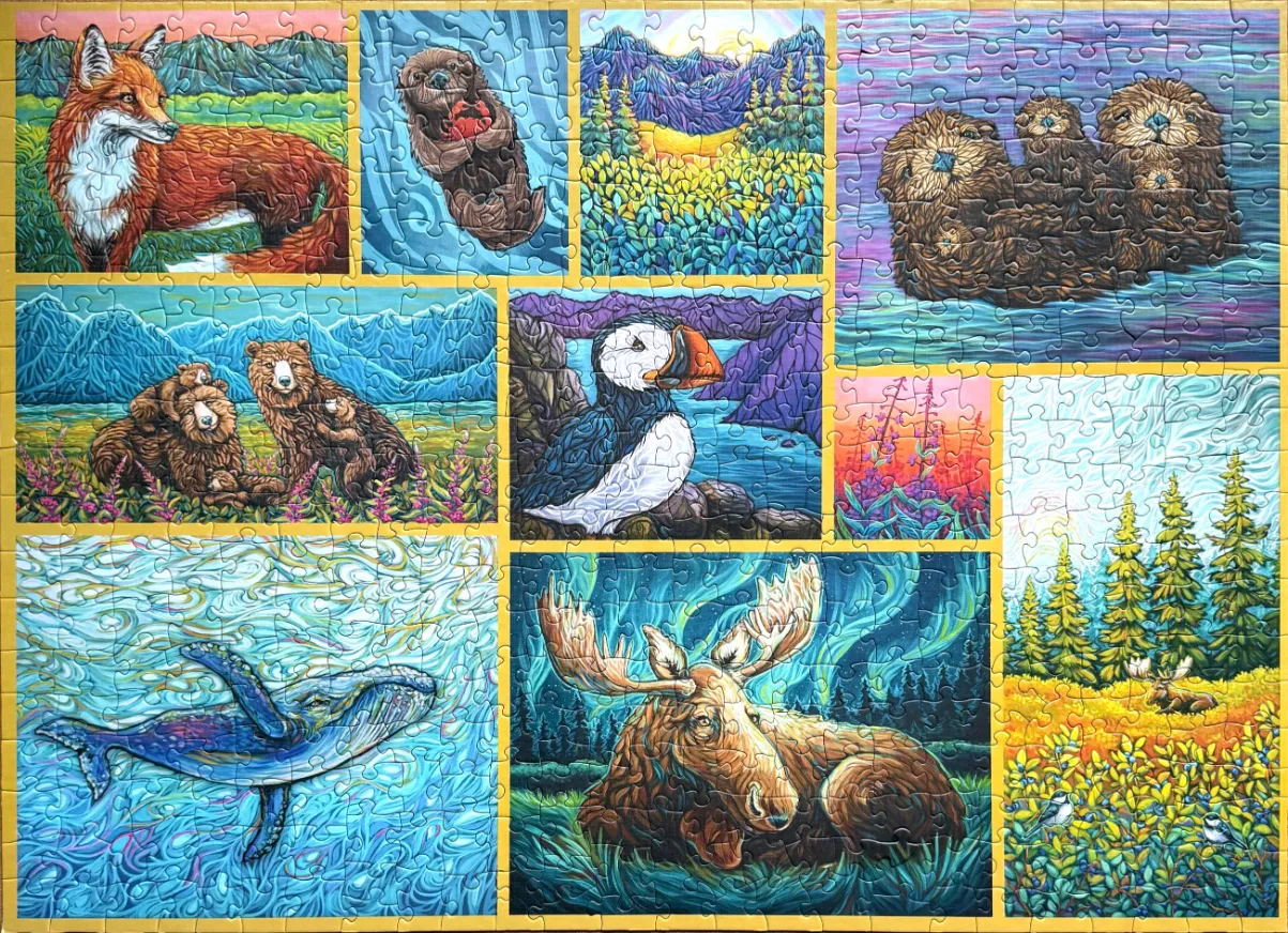 A collage of North American wildlife featuring a fox, otters, a bear family, a puffin, a whale, a moose, and forest scenes.