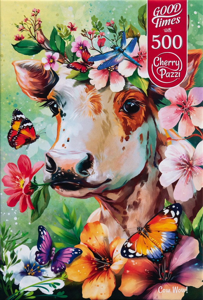 An illustrated portrait of a cow wearing a crown of flowers and surrounded by colorful butterflies.
