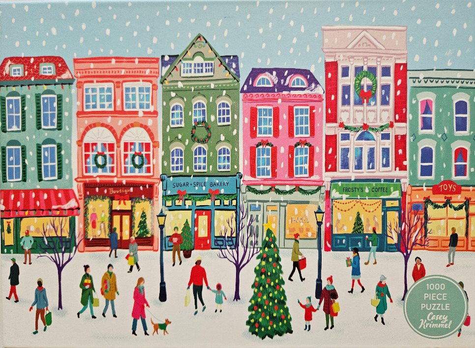 A whimsical illustration of a snowy town street during the holidays with shoppers walking past colorful storefronts.