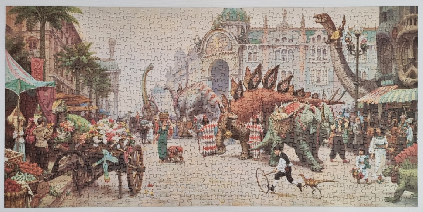 A bustling marketplace scene featuring humans interacting with dinosaurs in a fantastical city setting.