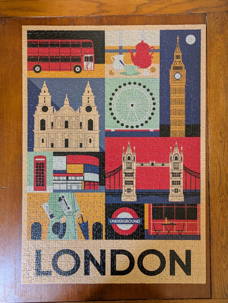 A collage illustration of iconic London landmarks and symbols including Big Ben, a red bus, and Tower Bridge.