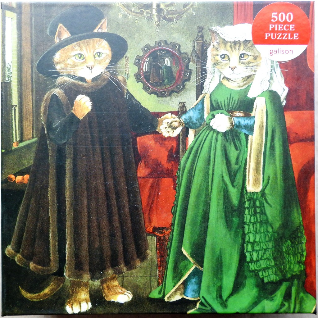 A Renaissance-style painting featuring two anthropomorphic cats dressed in formal, historical attire.