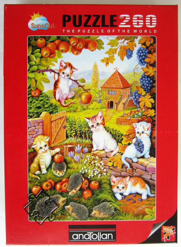 Artistic illustration of kittens and hedgehogs in a sunny orchard garden with a stone cottage.