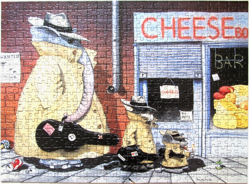 Cartoon illustration of three anthropomorphic mice in trench coats and fedoras outside a cheese shop.