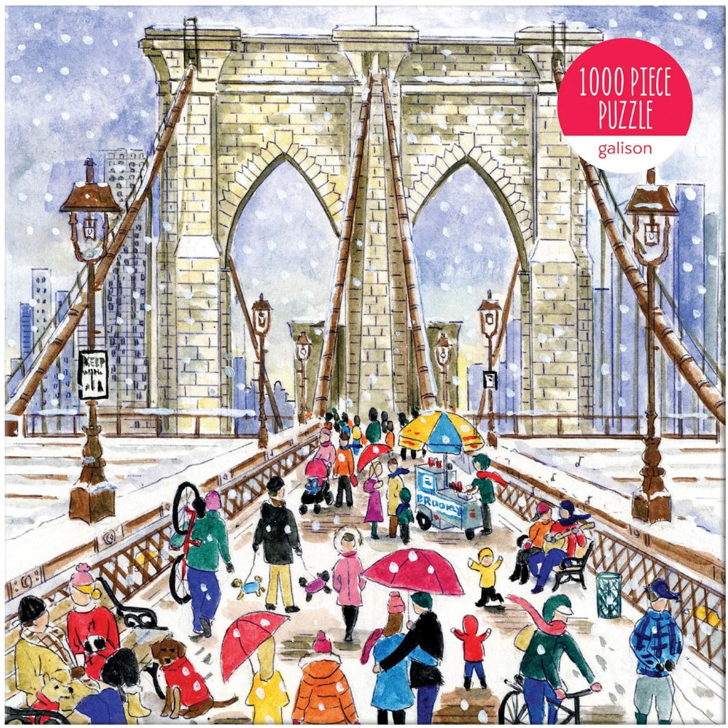Watercolor painting of the Brooklyn Bridge in winter with people walking, a food cart, and falling snow.