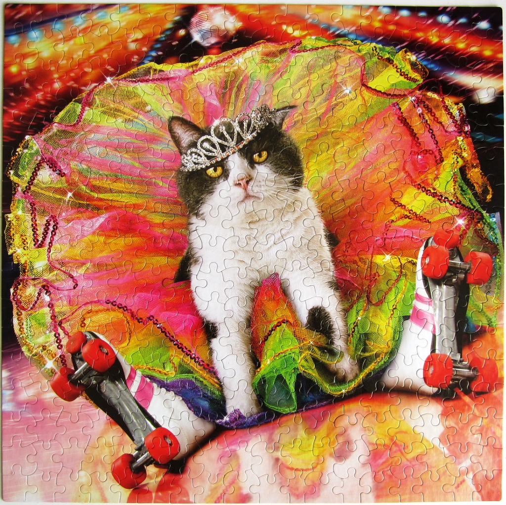 A fluffy black and white cat wearing a tiara and a neon tulle skirt while sitting on roller skates.
