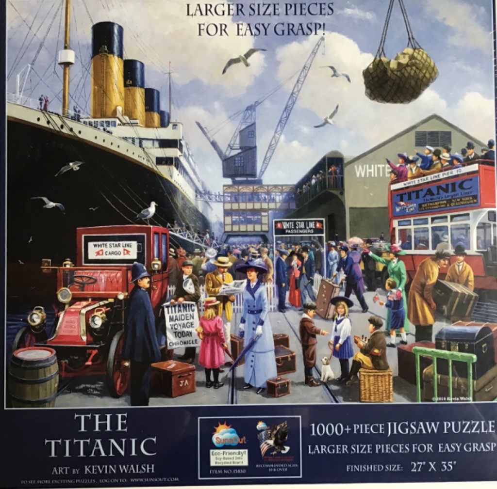A busy dockside scene with a large ocean liner and Edwardian-era passengers preparing to board.
