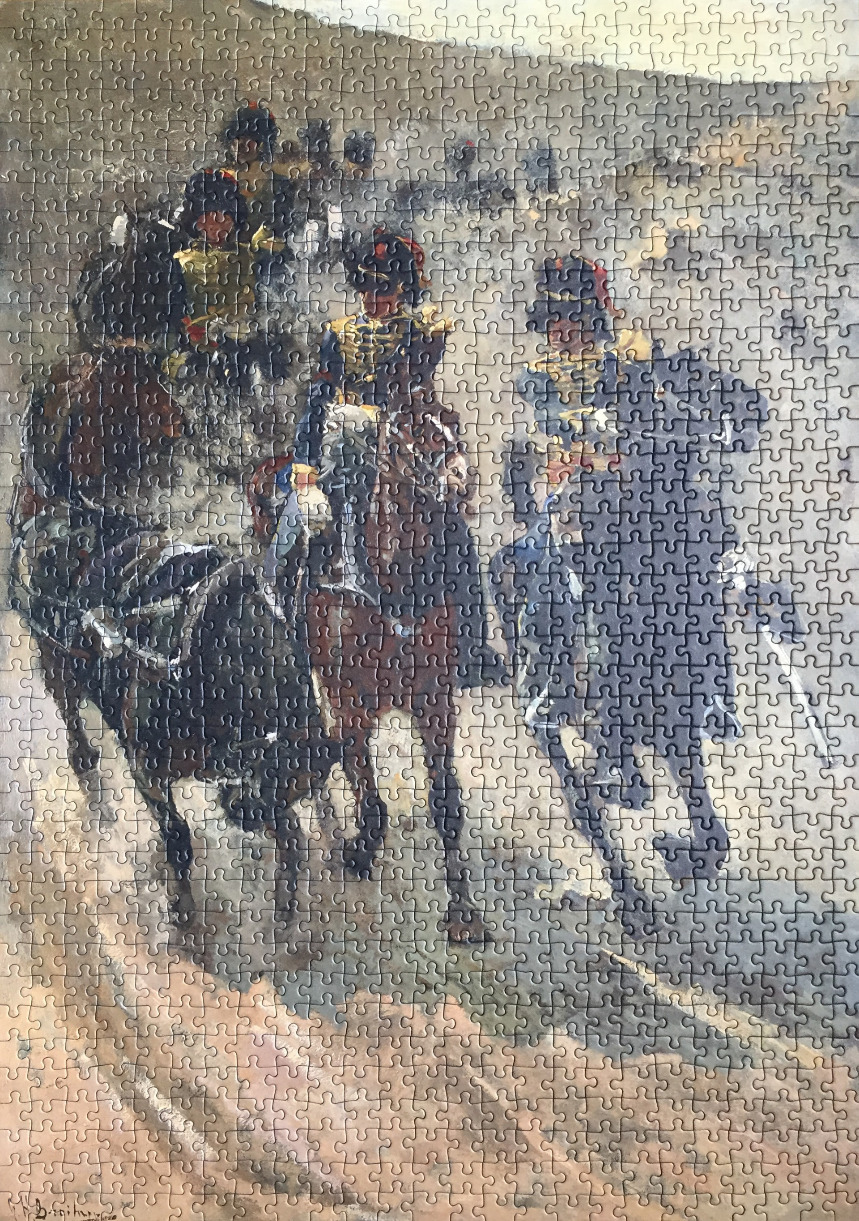 A painting of French Napoleonic cavalry officers on horseback riding across a dusty field.
