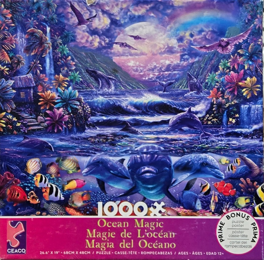 A vibrant fantasy ocean scene featuring dolphins, whales, tropical foliage, and a giant moon in the background.