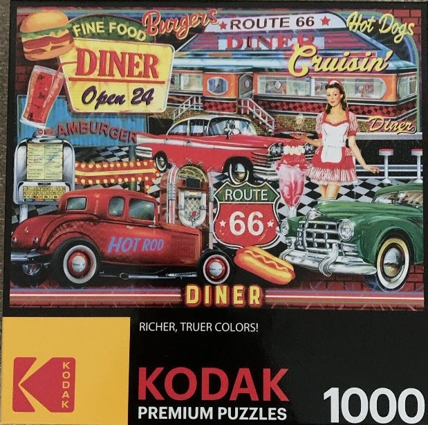 Retro 1950s American diner scene featuring classic cars, a waitress, and nostalgic signage.