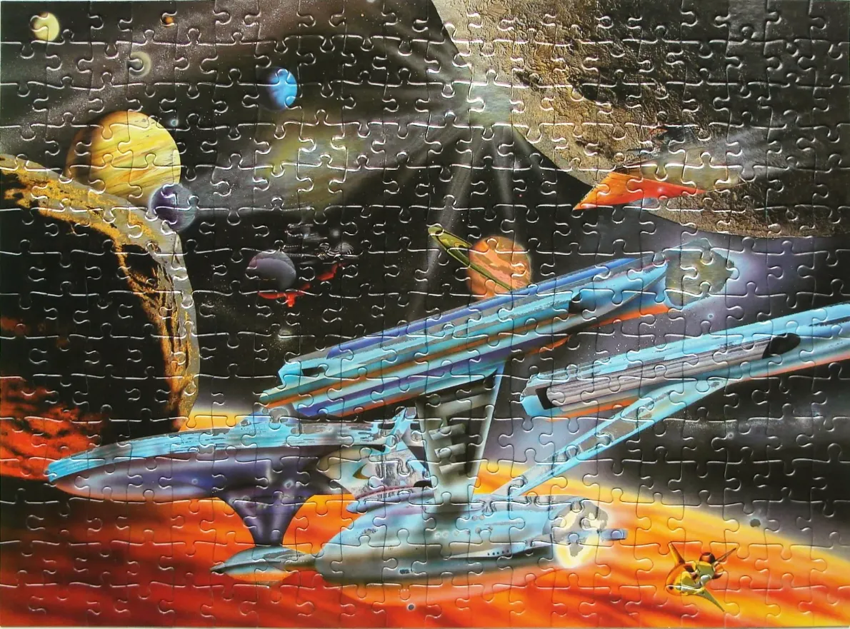 A science fiction illustration of a starship flying through a vibrant space scene with planets and a glowing nebula.