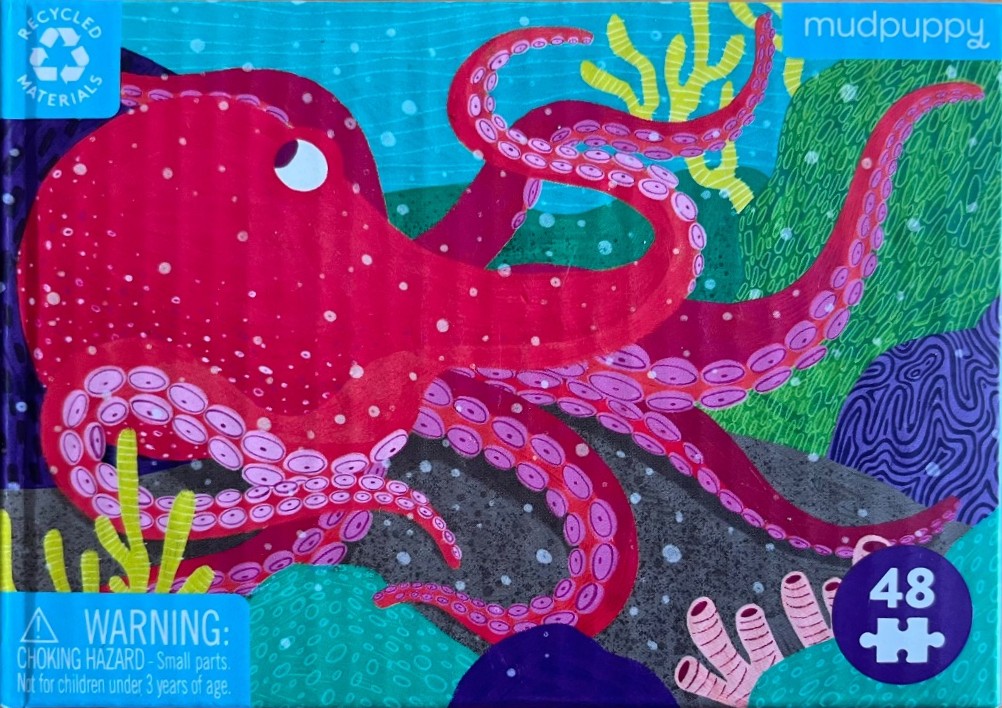 A vibrant digital illustration of a bright pink octopus swimming in a patterned underwater coral reef.