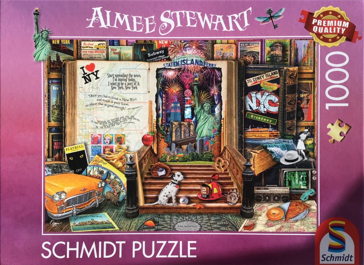 A whimsical collage of New York City landmarks, icons, and literary elements centered on an open book staircase.