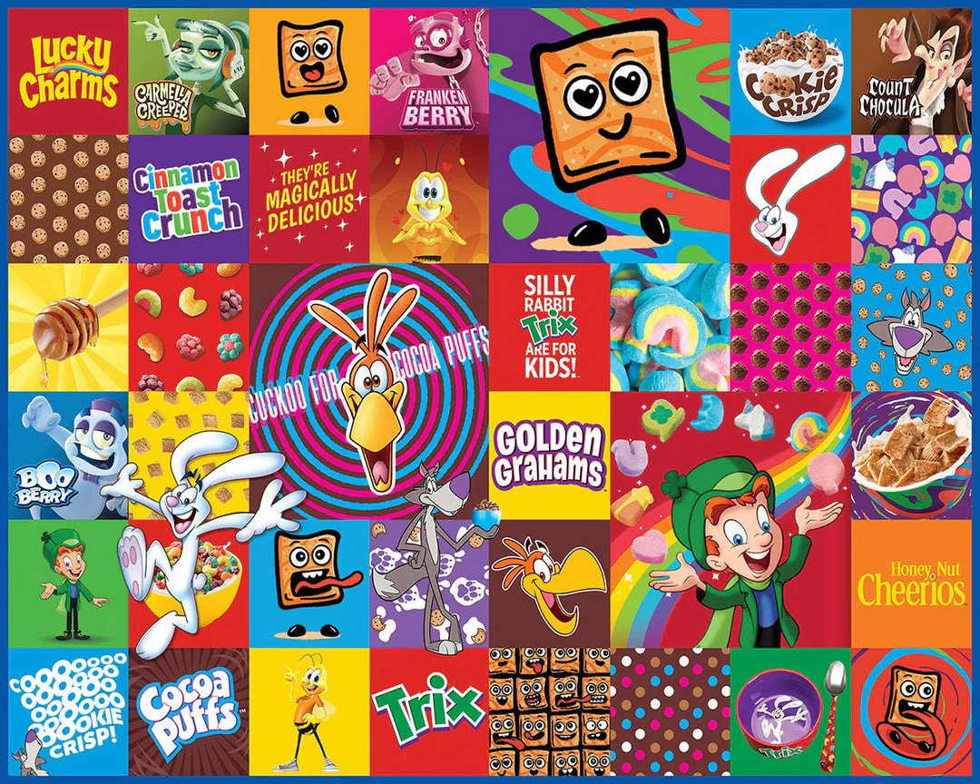 A vibrant grid of colorful illustrations featuring cartoon mascots and breakfast cereal imagery.