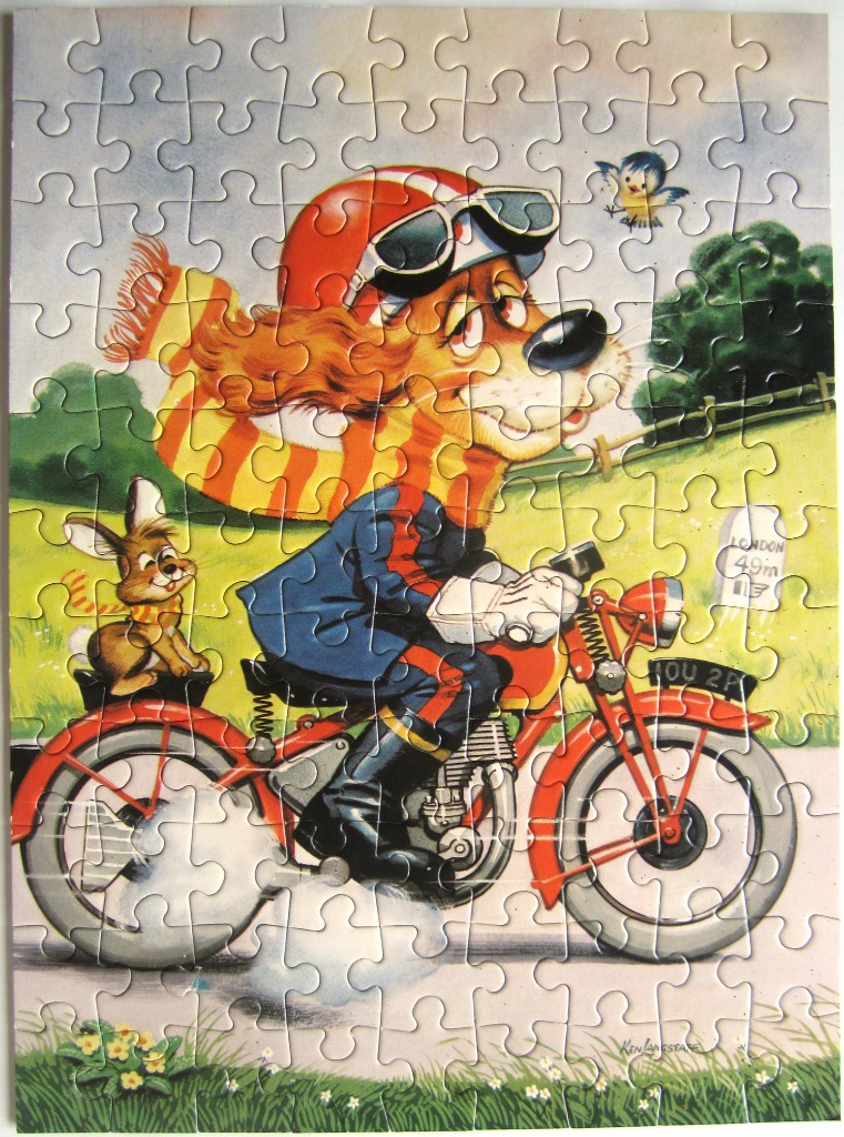 Cartoon dog riding a vintage red motorcycle with a rabbit passenger in the countryside