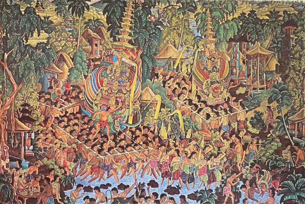 A detailed painting of a Balinese funeral procession carrying ornate structures through a river and tropical landscape.