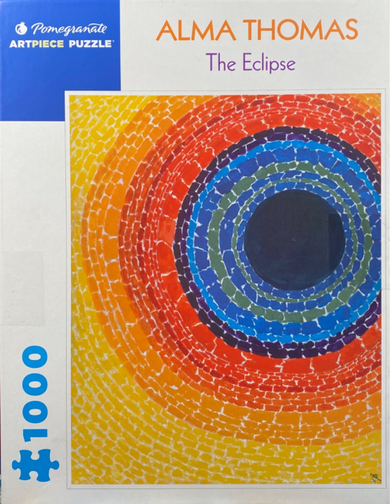 An abstract painting by Alma Thomas featuring concentric circles of color radiating from a central dark void.