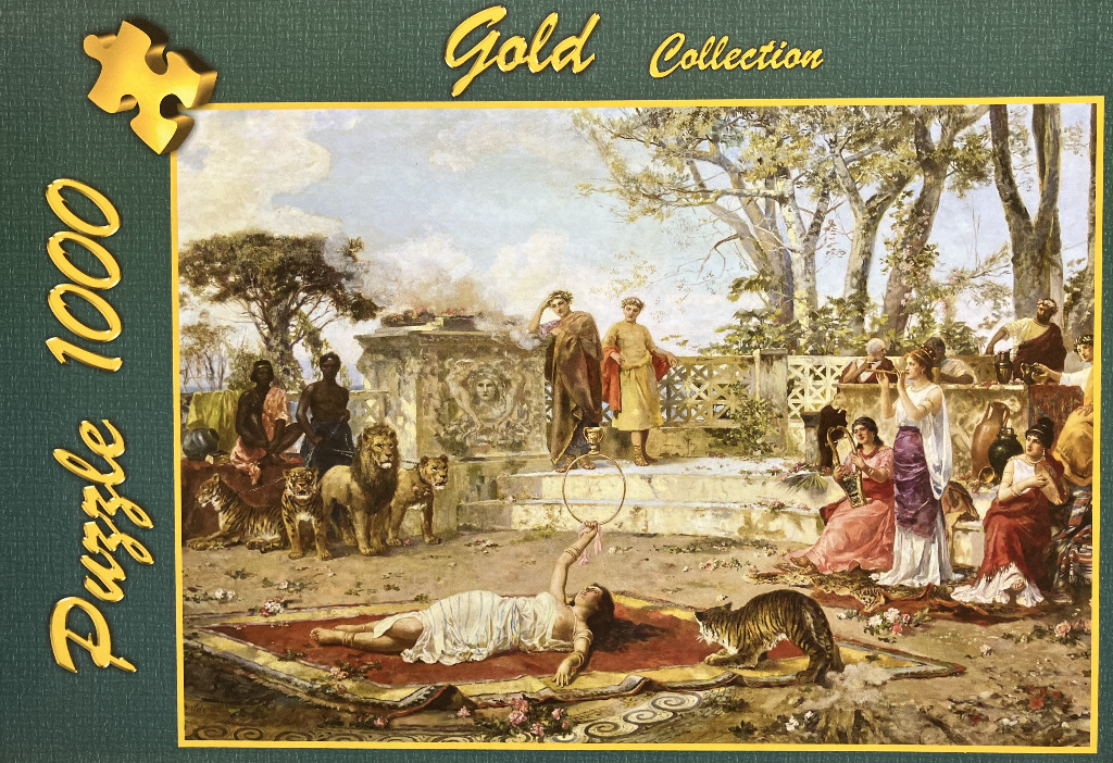 A classical oil painting showing a woman lying on a carpet in a courtyard with lions and musicians.