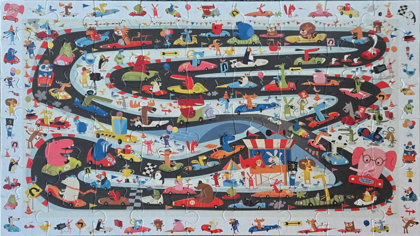 A cartoon illustration of a winding racetrack filled with colorful cars driven by various animals.