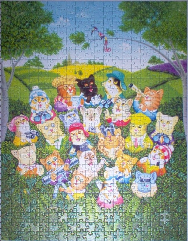 An illustration of many colorful cartoon cats in a meadow, some using binoculars and cameras to look at the scenery.