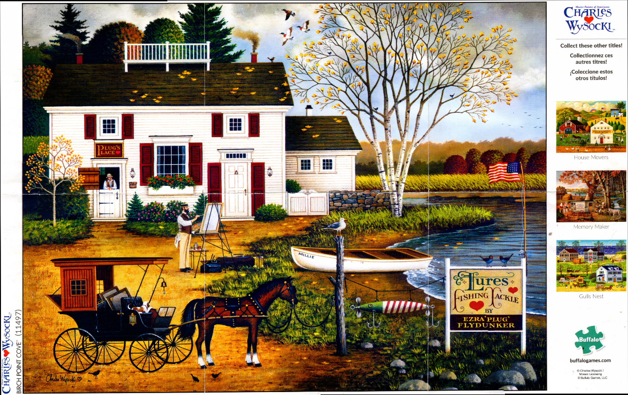 An artist painting a landscape by a white house, horse-drawn carriage, and a lake with a fishing tackle sign.