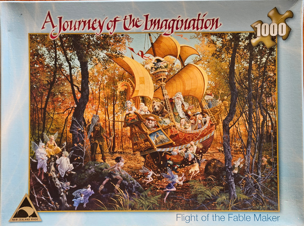 Fantasy illustration of a sailing ship with magical creatures traveling through an autumn forest.
