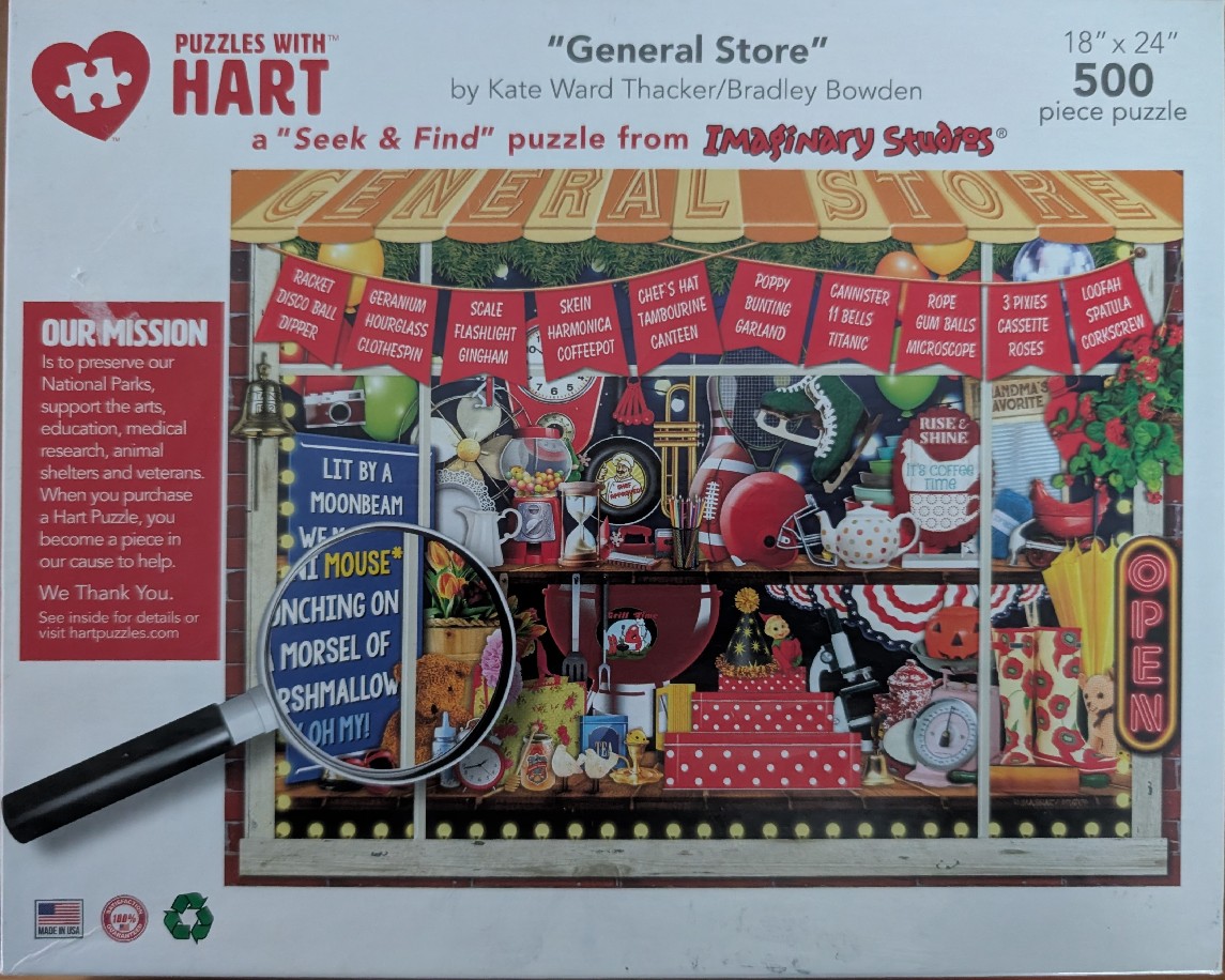 A whimsical store window display packed with diverse vintage objects and a seek-and-find game overlay.