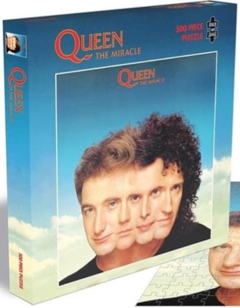 Composite photograph of the four members of the band Queen, showing their faces merged together in a row.