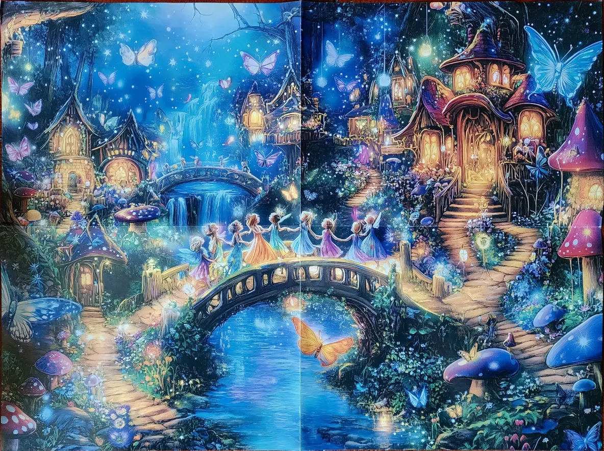 A whimsical fairy village with dancing figures, glowing toadstools, and butterflies in a magical night forest.