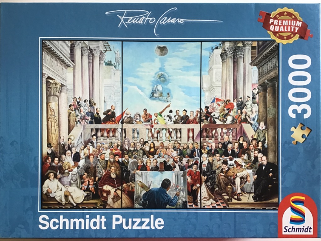 A detailed painting featuring a massive gathering of historical figures from different eras inside a neoclassical structure.