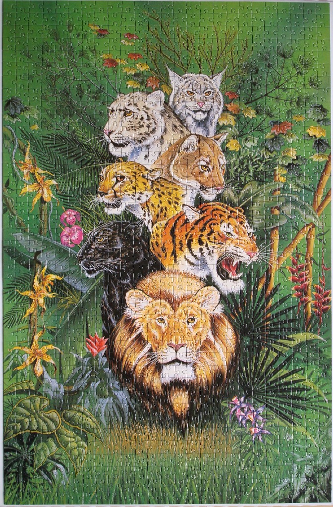 A vertical artistic illustration featuring a stacked totem-like arrangement of six different big cat species in a jungle.