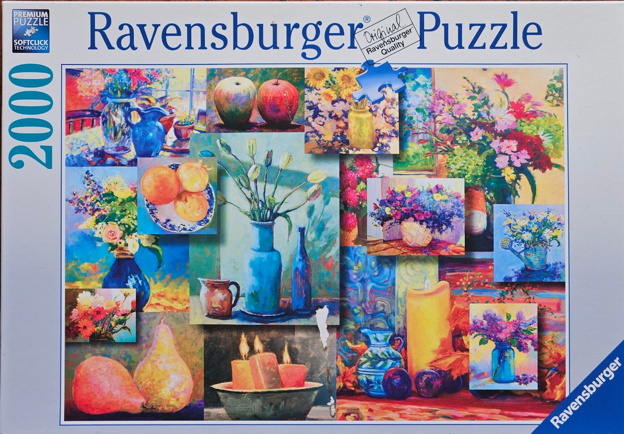 A collage of impressionist-style paintings featuring floral still lifes, fruit, and candles in vibrant colors.