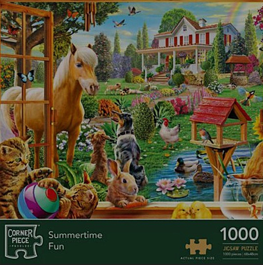 A lush summer garden scene featuring a golden horse, playful kittens, a dog, a rabbit, and a farmhouse in the background.