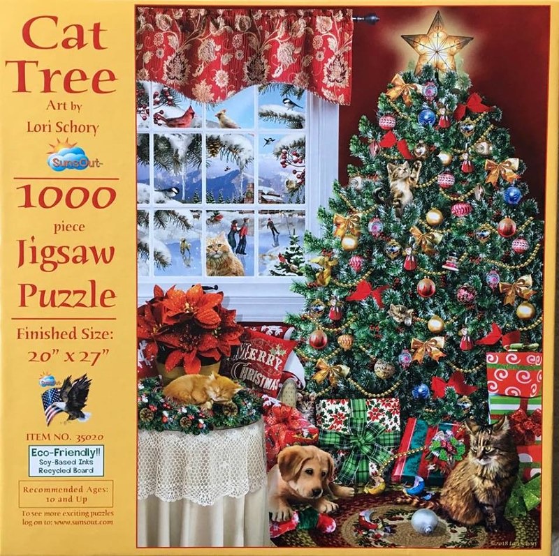 A festive Christmas scene featuring a decorated tree, pets, and a snowy window view.