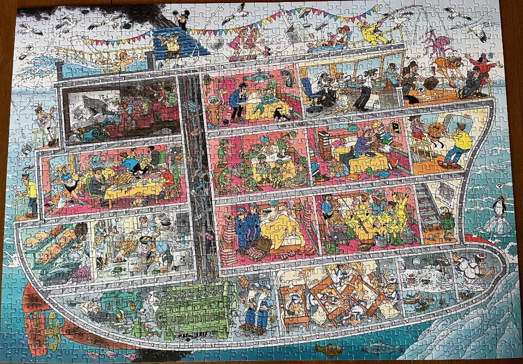 Cross-section illustration of a chaotic cruise ship filled with humorous scenes