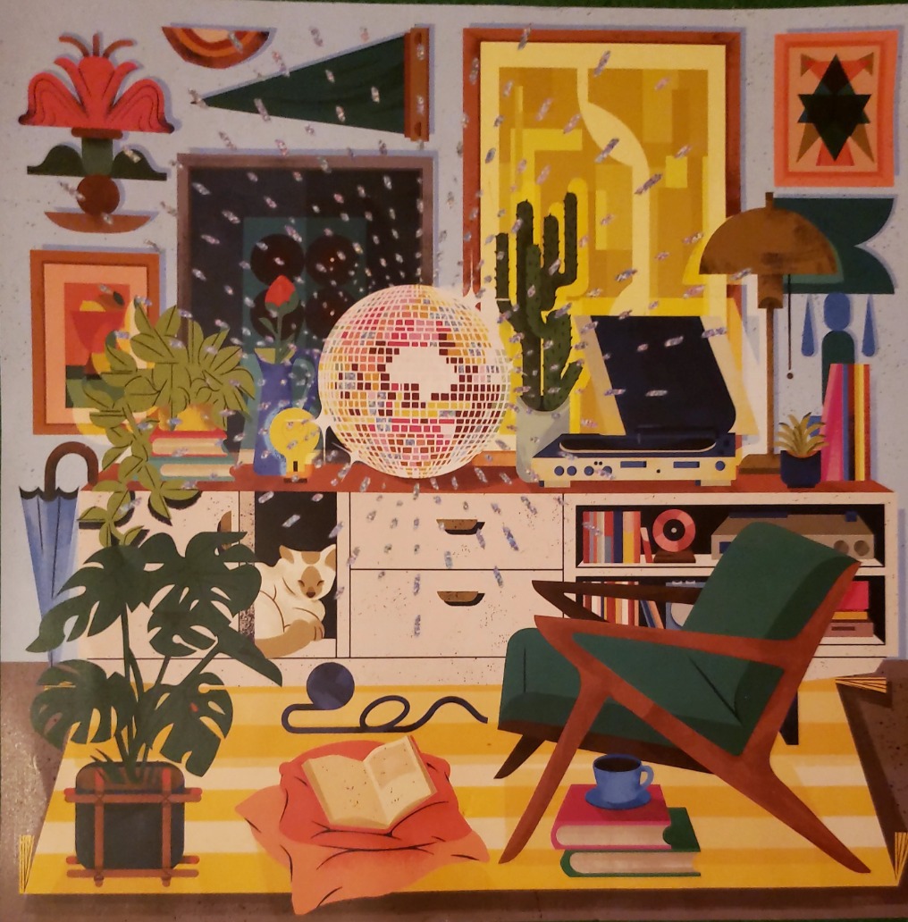A cozy living room interior featuring a central disco ball, a cat, a mid-century armchair, and various plants.