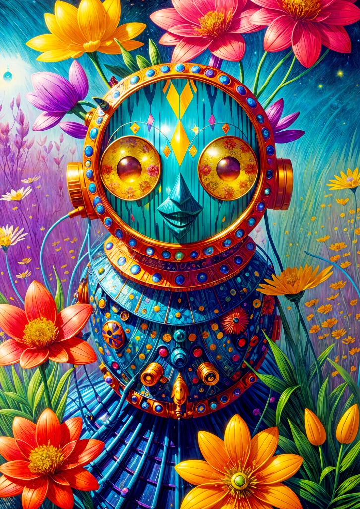 A surreal, mechanical bird-like figure with ornate, vibrant teal and gold plating surrounded by colorful, blooming flowers.
