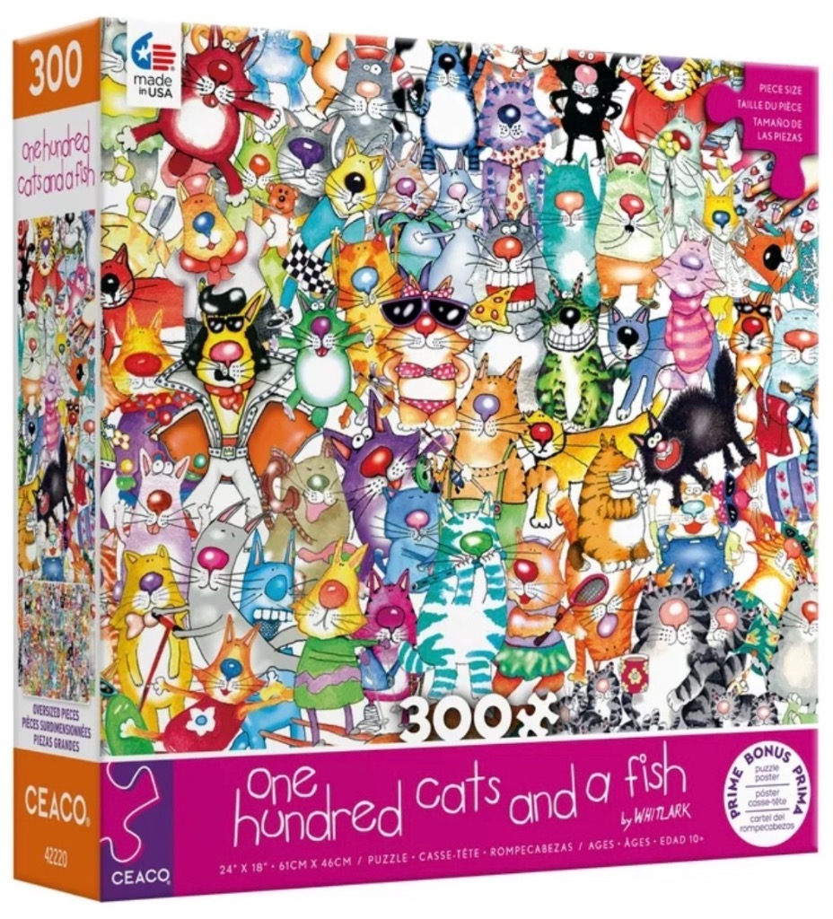 A whimsical illustration featuring a chaotic, crowded collection of colorful cartoon cats in various outfits and poses.