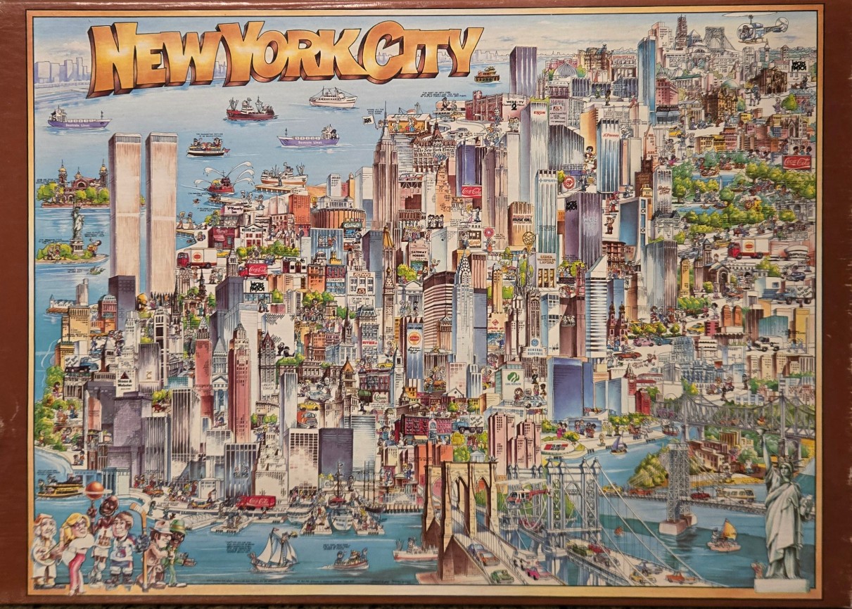 Illustrated map of New York City featuring iconic landmarks, busy streets, and a panoramic harbor view.