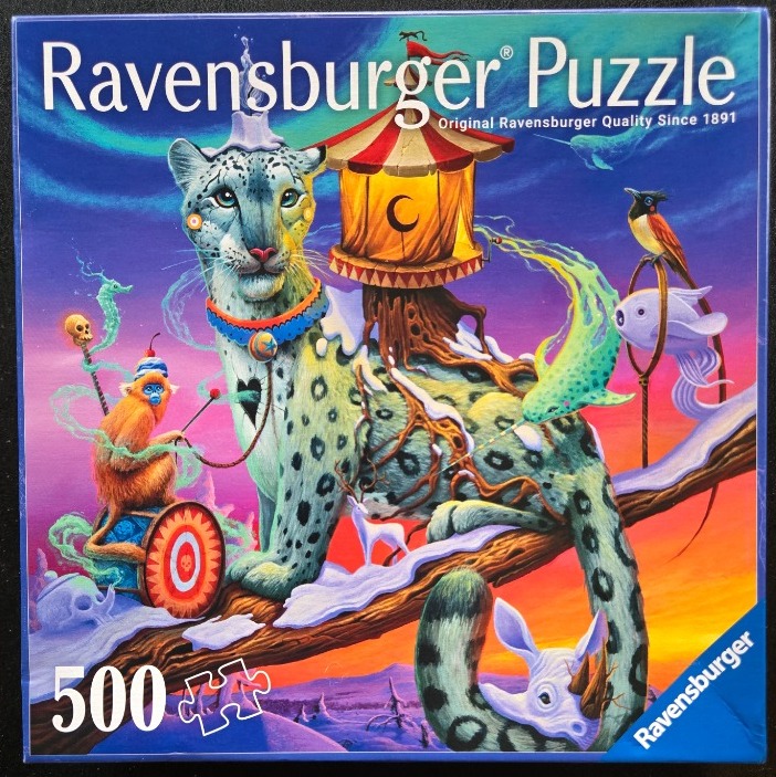 Surreal illustration of a large spotted cat with a circus tent on its back and a small monkey sitting on a wheeled platform.