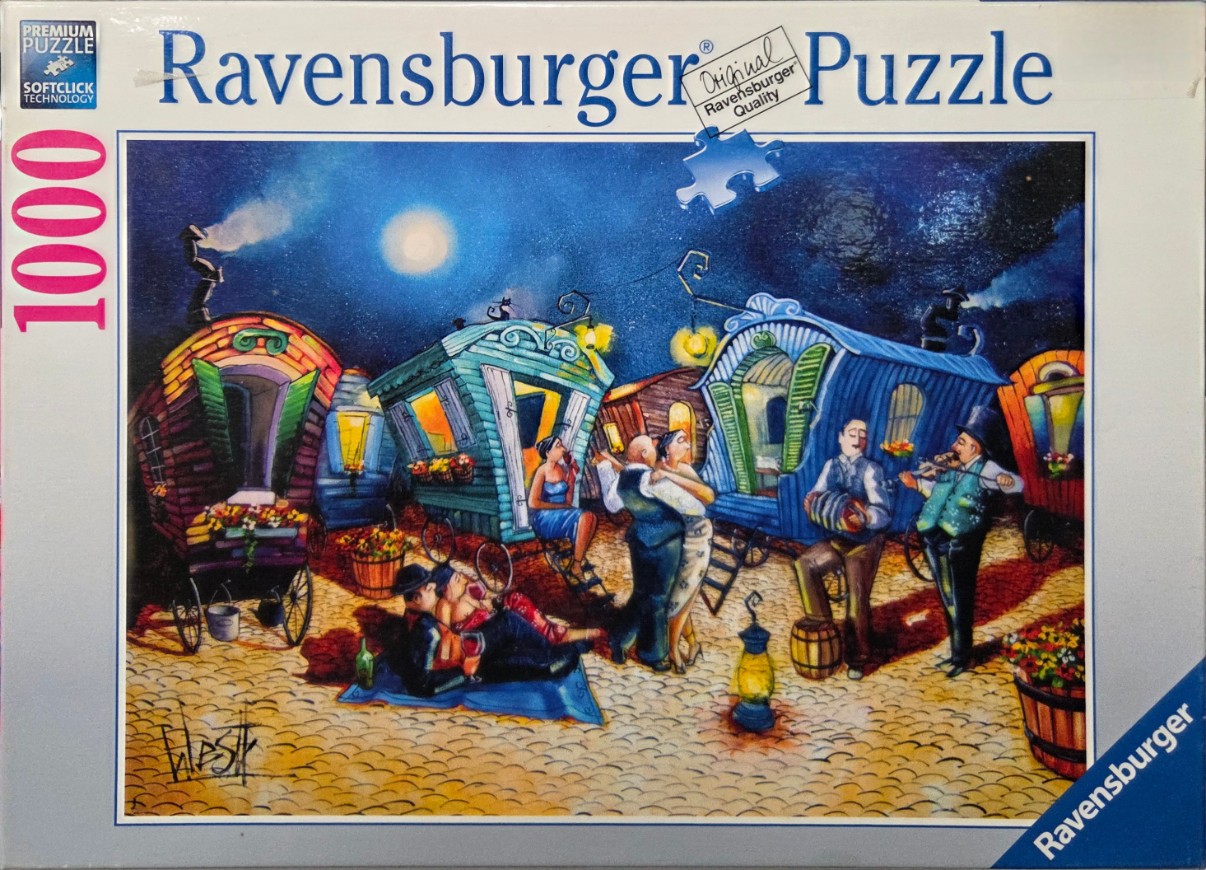 Whimsical night scene featuring colorful gypsy caravans, musicians, and dancers on a cobbled village square.