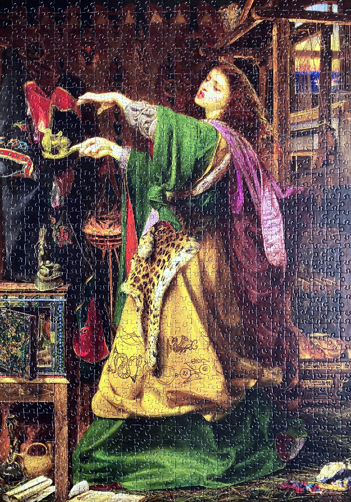 A Pre-Raphaelite style illustration of a woman in a green dress and leopard pelt interacting with a magical glowing orb.