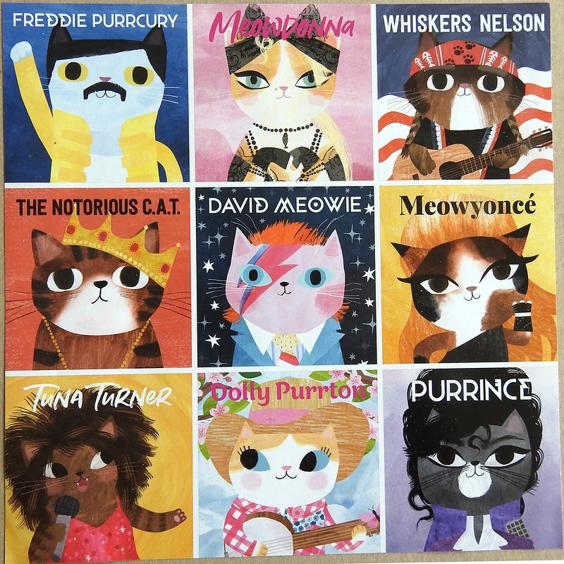 Grid of nine cats illustrated as famous musical icons with punny names.