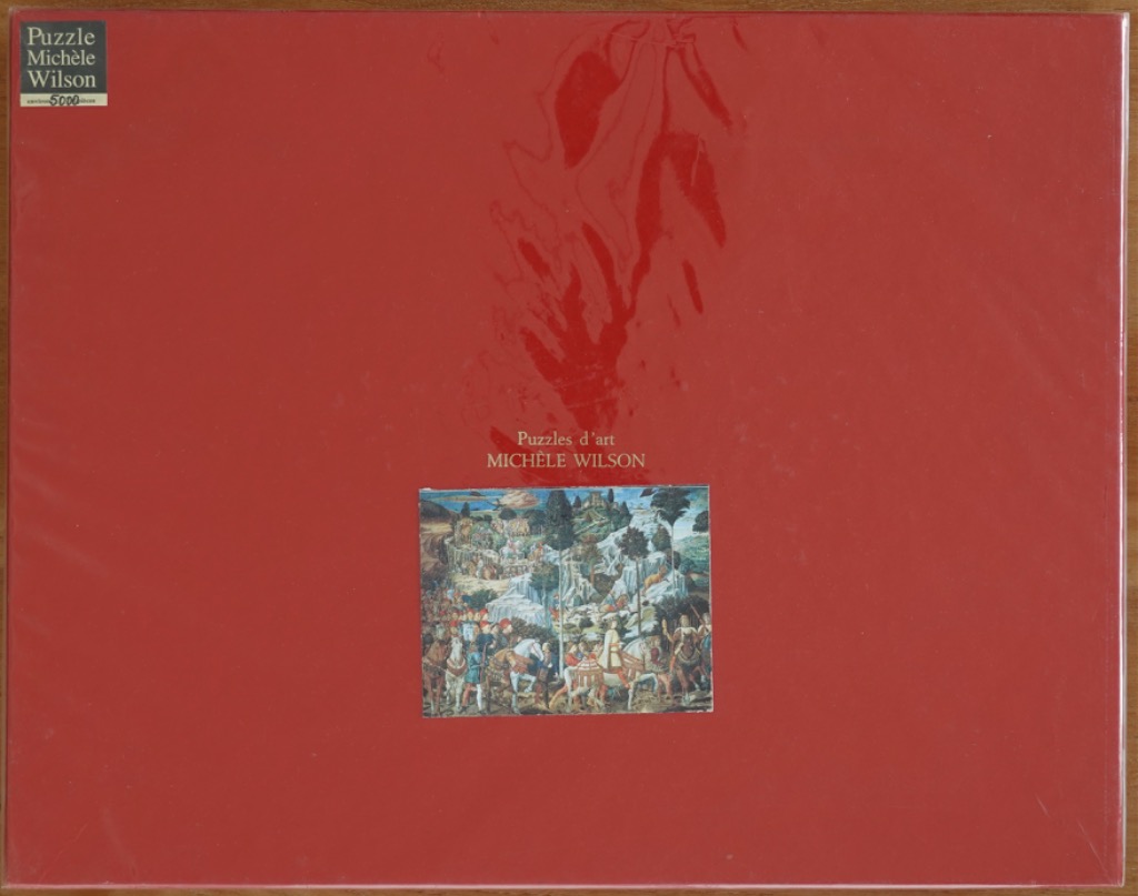 A small Renaissance painting of the Journey of the Magi centered on a plain, deep red background.