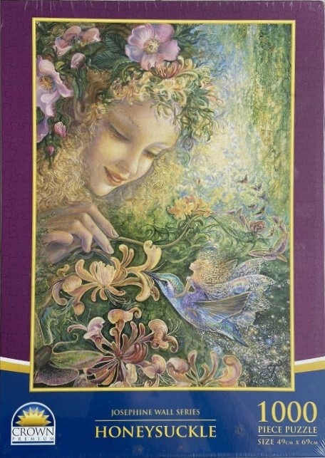 An ethereal illustration of a woman intertwined with honeysuckle vines and a fairy riding a hummingbird.