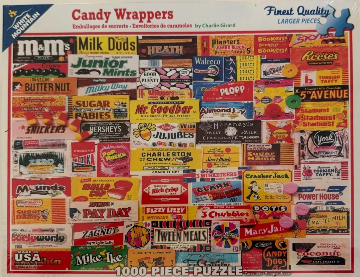 A collage of vintage American candy bar wrappers in a variety of bright colors and typography.