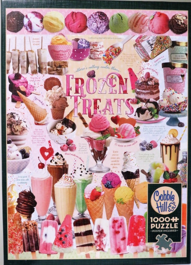 A collage of various colorful ice cream scoops, sundaes, popsicles, and milkshakes against a pale pink background.